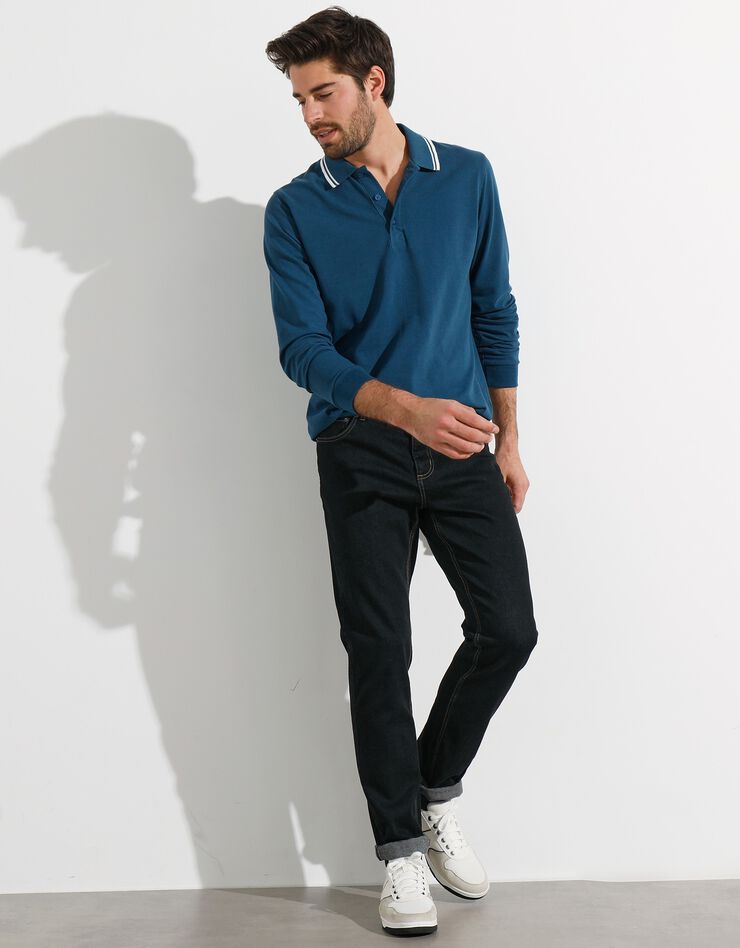 Polo uni maille piquée manches longues (bleu canard)