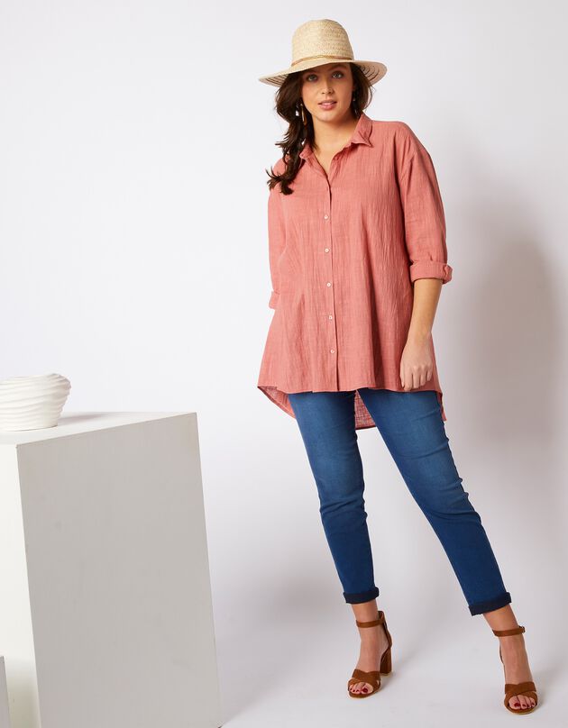 Chemise longue coupe trapèze effet lin (corail) Chemise longue coupe trapèze effet lin (corail)