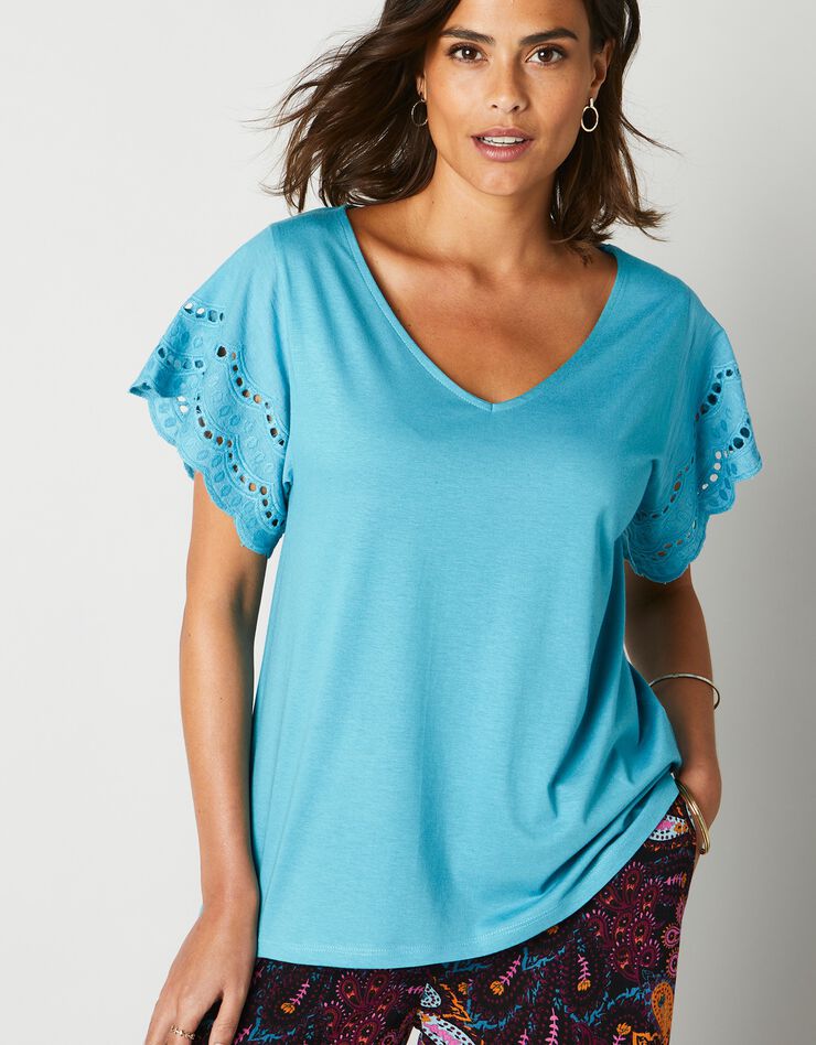 Tee-shirt manches courtes broderie anglaise (bleu) Tee-shirt manches courtes broderie anglaise (bleu)