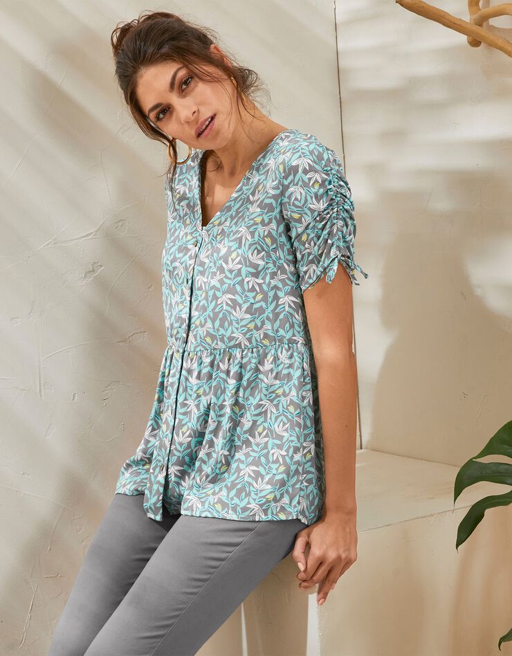 Blouse boutonnée imprimée (gris / turquoise) Blouse boutonnée imprimée (gris / turquoise)