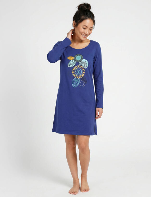 Chemise de nuit courte manches longues motif &laquo; rosace &raquo; (bleu dur)