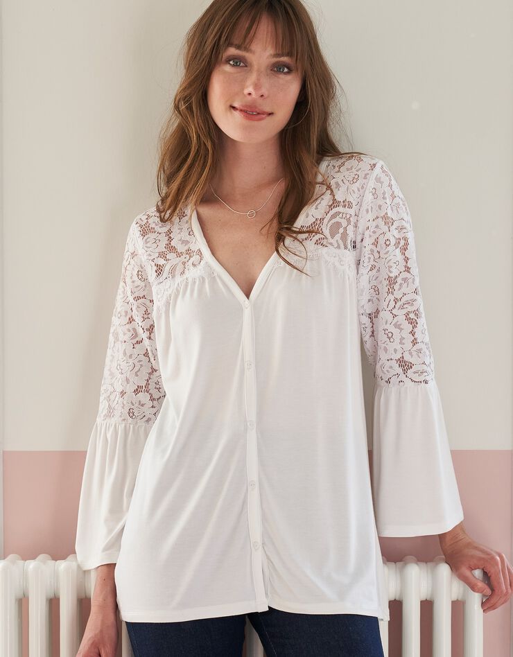 Tee-shirt boutonné manches 3/4 dentelle (blanc) Tee-shirt boutonné manches 3/4 dentelle (blanc)