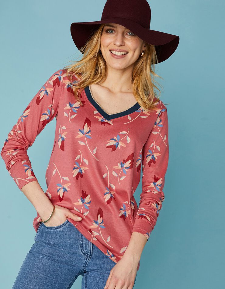 Tee-shirt col V biais doré imprimé fleurs (terracotta / beige) Tee-shirt col V biais doré imprimé fleurs (terracotta / beige)