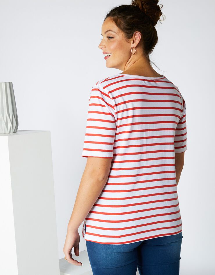 Tee-shirt rayé col V broderie anglaise, tissé-teint (blanc / orange) Tee-shirt rayé col V broderie anglaise, tissé-teint (blanc / orange)