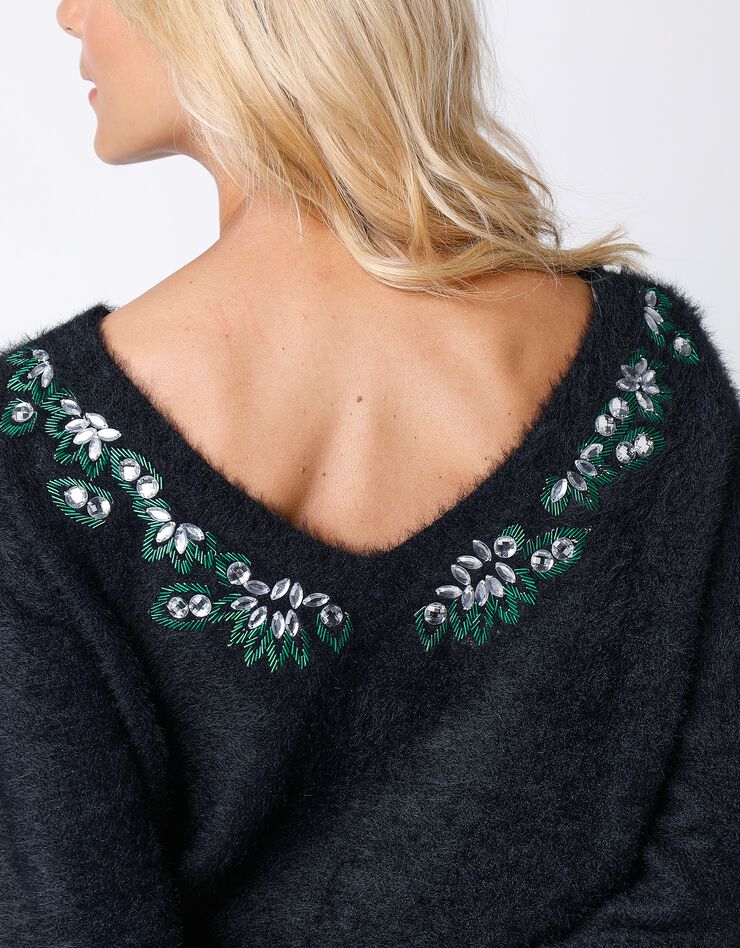 Pull maille douceur avec strass et perles (noir / argenté) Pull maille douceur avec strass et perles (noir / argenté)