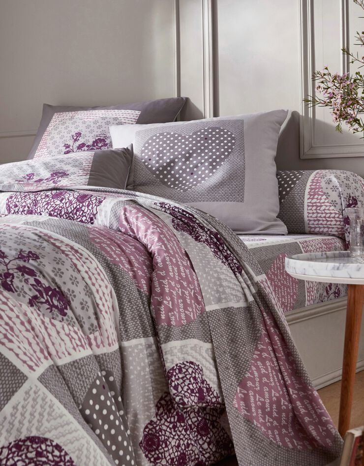 Linge de lit Lovely en flanelle imprimé coeurs  (gris / parme)