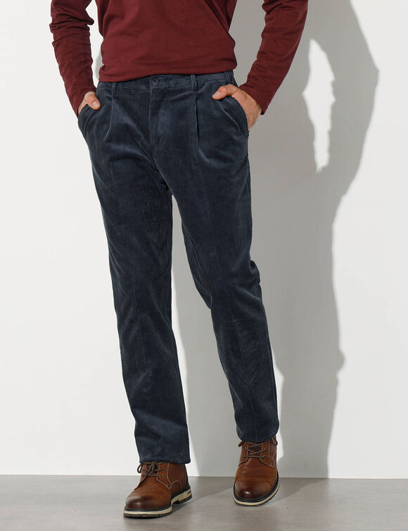 Pantalon ville velours côtelé à pinces, élastiqué côtés (marine)