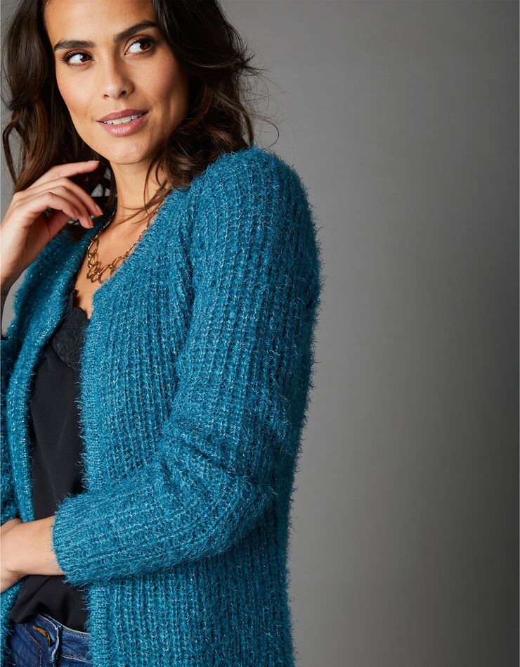 Gilet forme paletot en maille perlée (bleu) Gilet forme paletot en maille perlée (bleu)