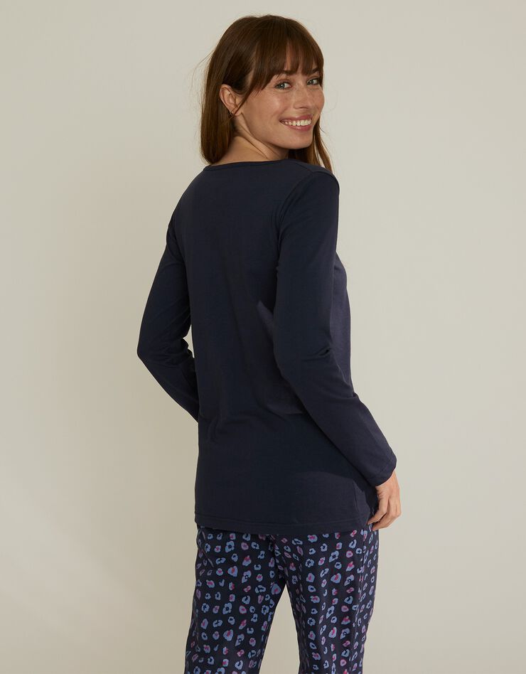 Tee-shirt manches longues coton uni imprimé placé "Beautiful" (marine) Tee-shirt manches longues coton uni imprimé placé "Beautiful" (marine)