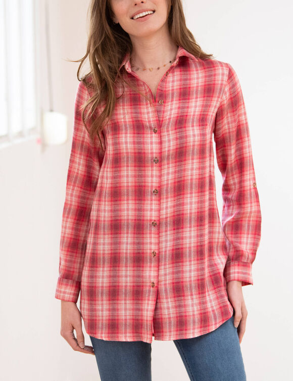Chemise longue &agrave; carreaux flanelle (framboise)