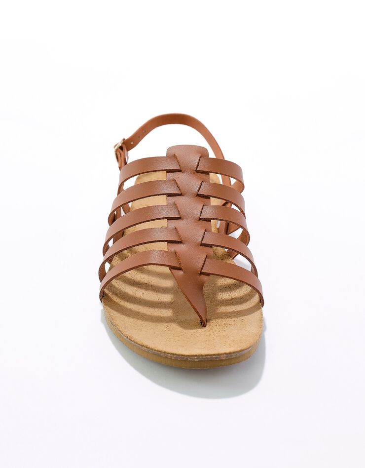 Sandales spartiates en cuir à entredoigt semelle liège (caramel)