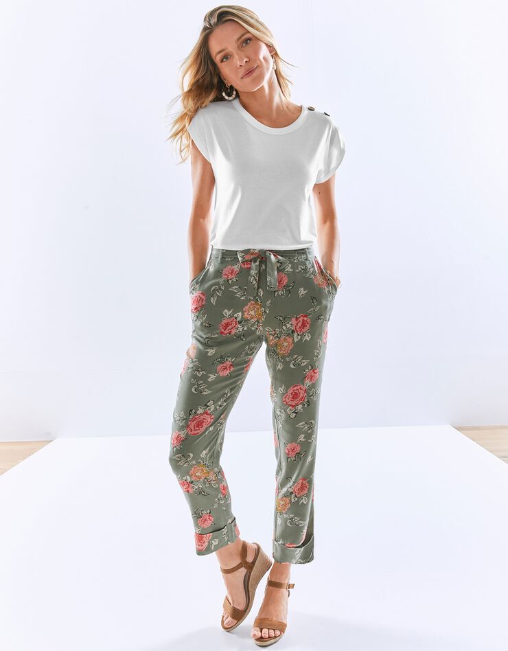 Pantalon 7/8ème fuselée imprimé fleuri (kaki clair) Pantalon 7/8ème fuselée imprimé fleuri (kaki clair)