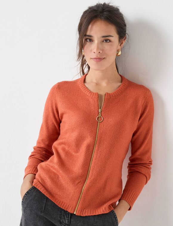 Cardigan zippé, maille moelleuse (paprika)