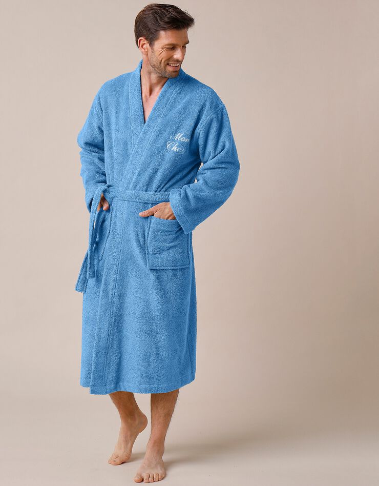 Peignoir mixte adulte uni coton éponge bouclette col kimono personnalisé (bleu jean) Peignoir mixte adulte uni coton éponge bouclette col kimono personnalisé (bleu jean)