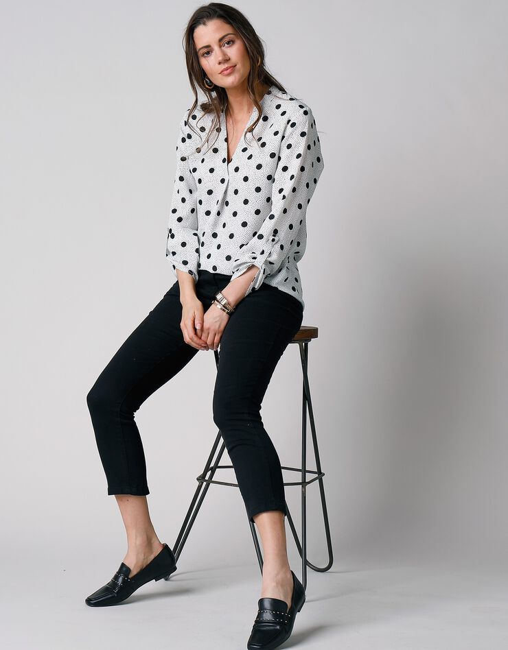 Blouse imprimé pois col tunisien, crêpe (écru / noir) Blouse imprimé pois col tunisien, crêpe (écru / noir)