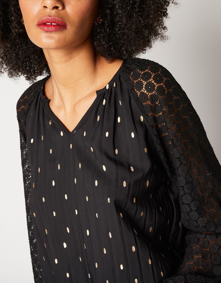 Blouse imprimée manches dentelle (noir / doré) Blouse imprimée manches dentelle (noir / doré)