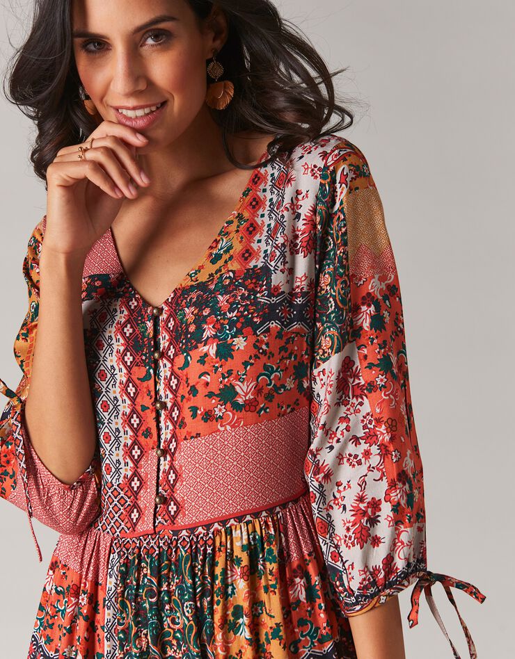Robe longue imprimé patchwork col V (caramel / rouille)