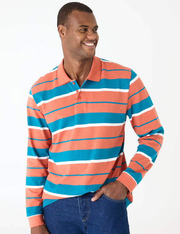 Polo ray&eacute;e maille piqu&eacute;e manches longues  (paprika / bleu)