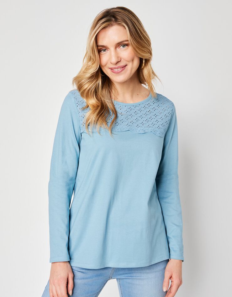 Tee-shirt manches longues, empiècement broderie anglaise (bleu grisé) Tee-shirt manches longues, empiècement broderie anglaise (bleu grisé)