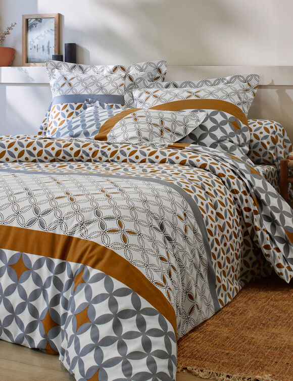 Linge de lit Marlow en coton motifs géométriques (gris / caramel)