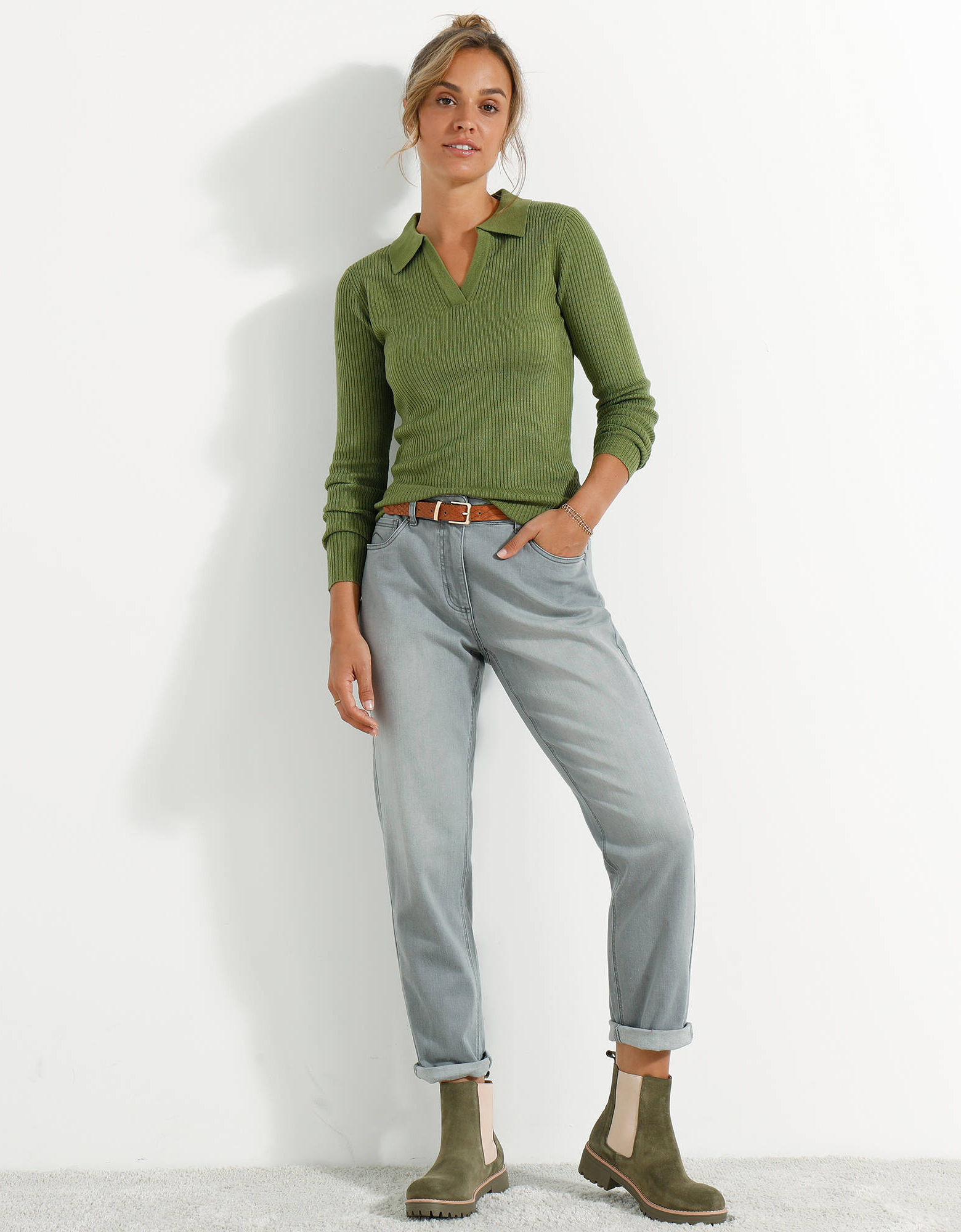 Pull Zara Manches 3/4 Vert Olive Maille Fine - Dos Plissé Mousseline Taille S/UK8 Occasion