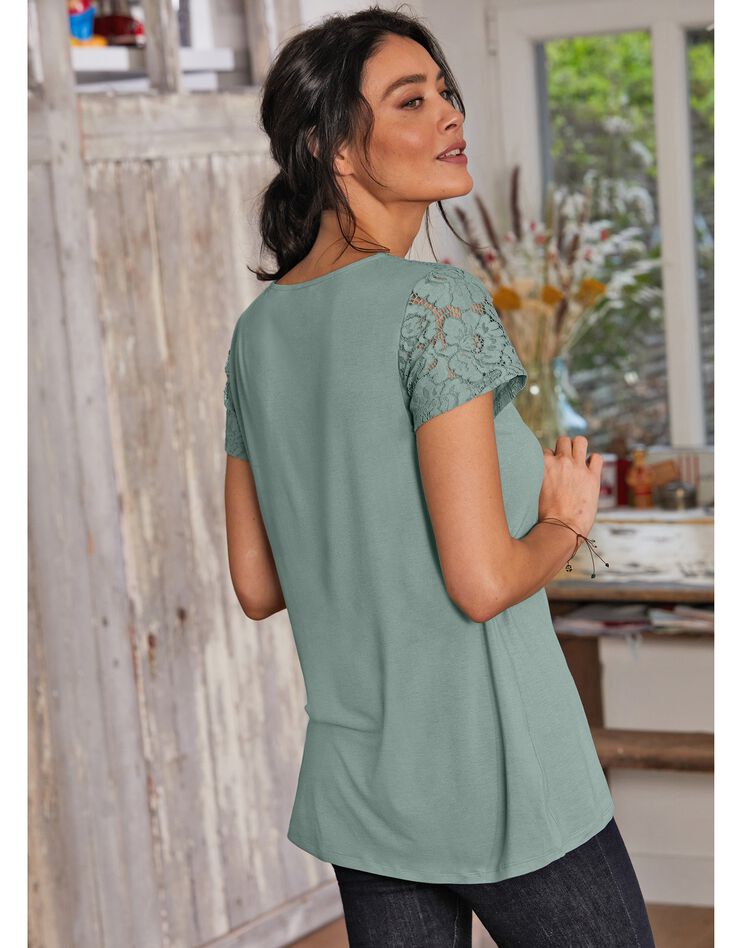 Tee-shirt dentelle col rond manches courtes (kaki) Tee-shirt dentelle col rond manches courtes (kaki)