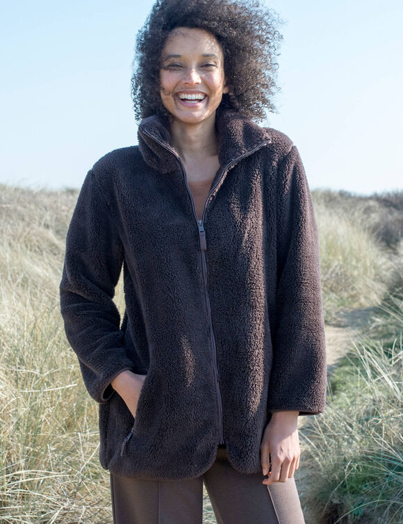 Veste longue zipp&eacute;e col montant, manches longues, maille polaire (chocolat)