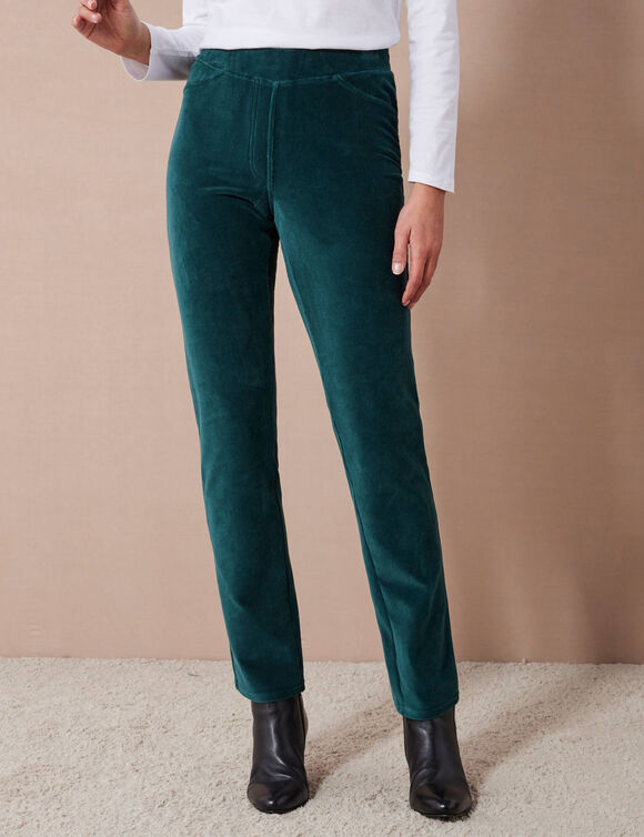 Pantalon droit, maille velours côtelé (vert foncé)