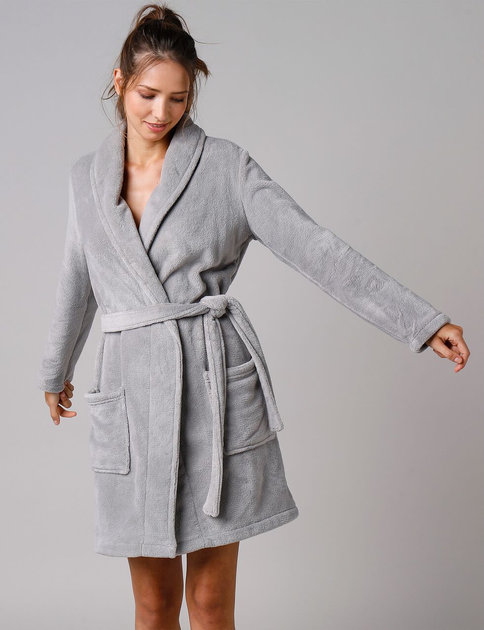 Peignoir manches longues polaire uni toucher peluche longueur 92 cm , gris | Blancheporte