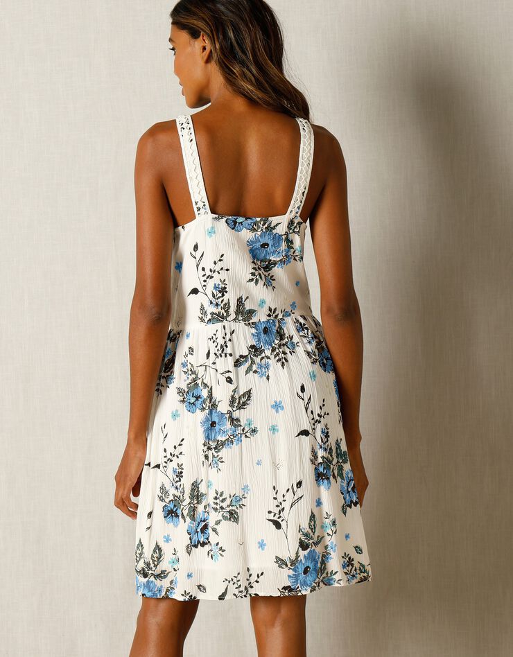 Robe imprimé fleuri et macramé (écru / bleu)