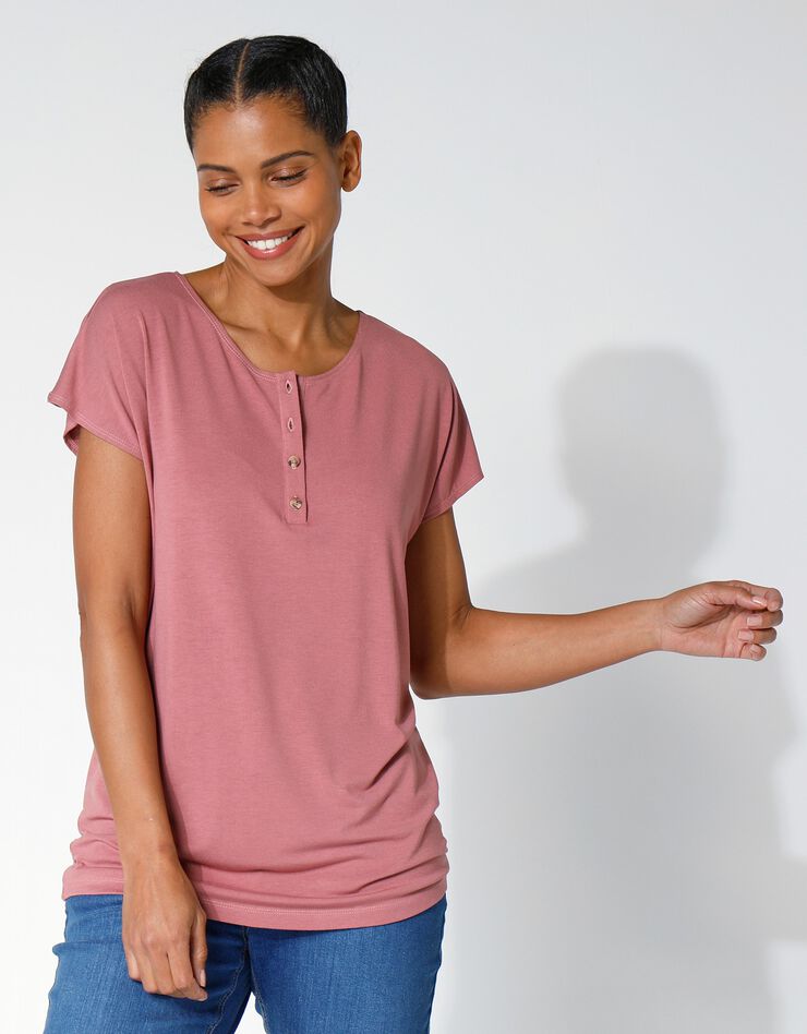Tee-shirt col tunisien uni, maille fluide (bois de rose) Tee-shirt col tunisien uni, maille fluide (bois de rose)