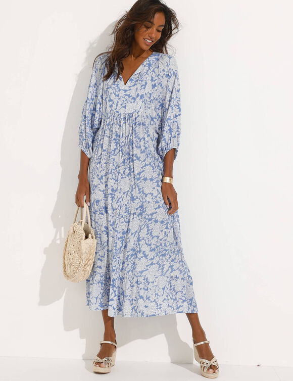 Robe longue imprim&eacute;e, cr&eacute;pon (bleu gris&eacute;)