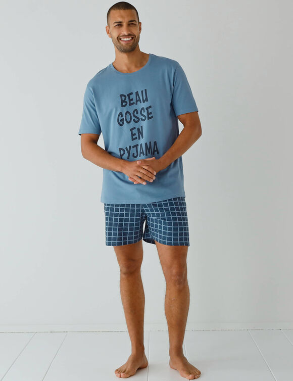 Pyjama short imprim&eacute; message, manches courtes (bleu / marine)