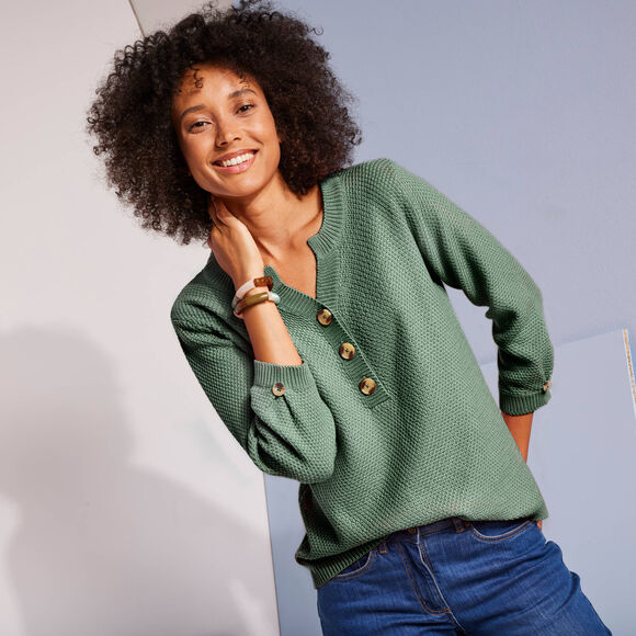 Pull col tunisien manches 3/4, maille fantaisie (kaki)