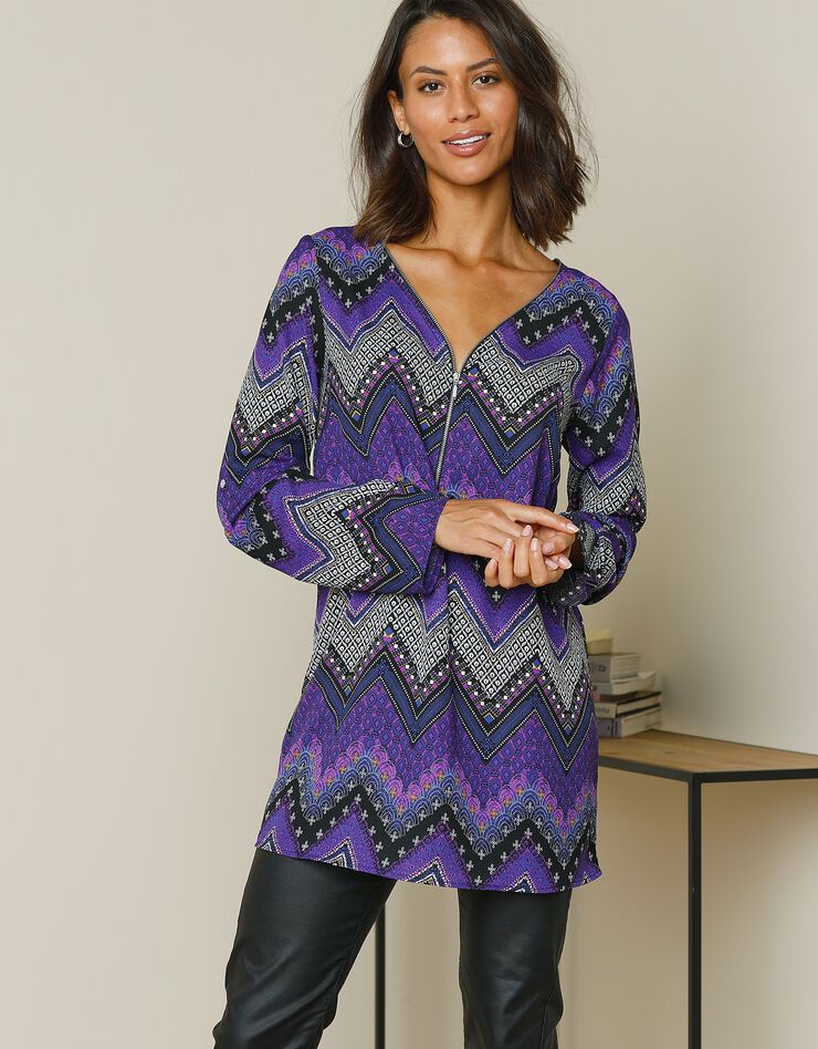 Tunique zippée imprimée zigzag (marine / violet) Tunique zippée imprimée zigzag (marine / violet)