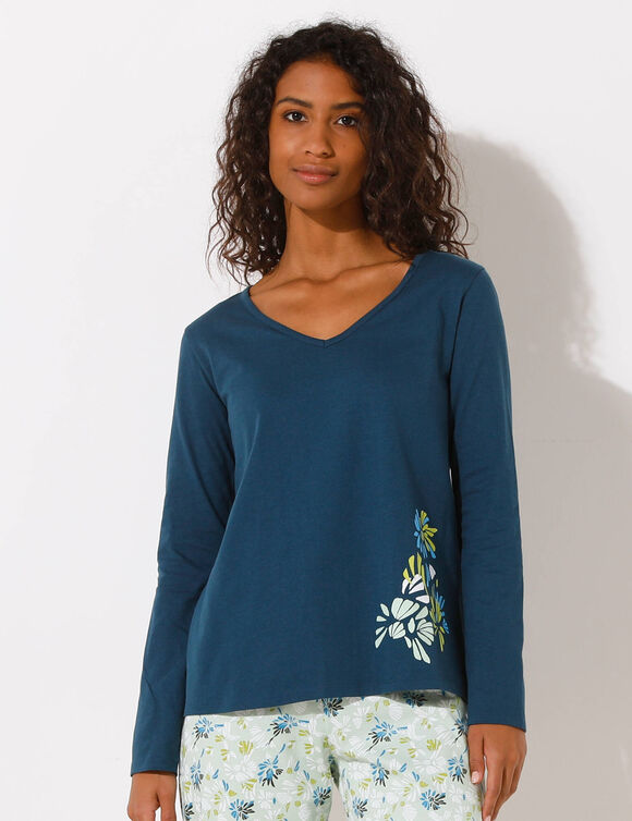 Haut de pyjama manches longues imprimé placé (bleu foncé)
