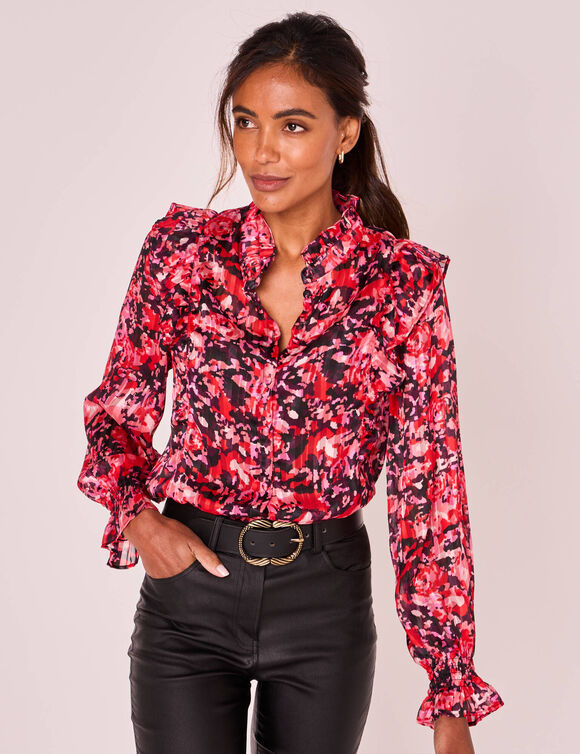 Chemisier imprim&eacute; col officier volant&eacute; (prune / rouge)