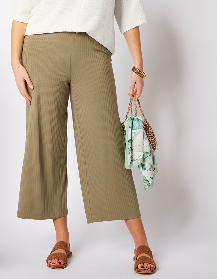 Pantalon fluide raccourci en maille côte plate (kaki) Pantalon fluide raccourci en maille côte plate (kaki)