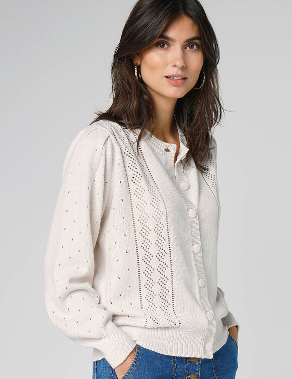 Cardigan boutonn&eacute;, maille ajour&eacute;e (&eacute;cru)