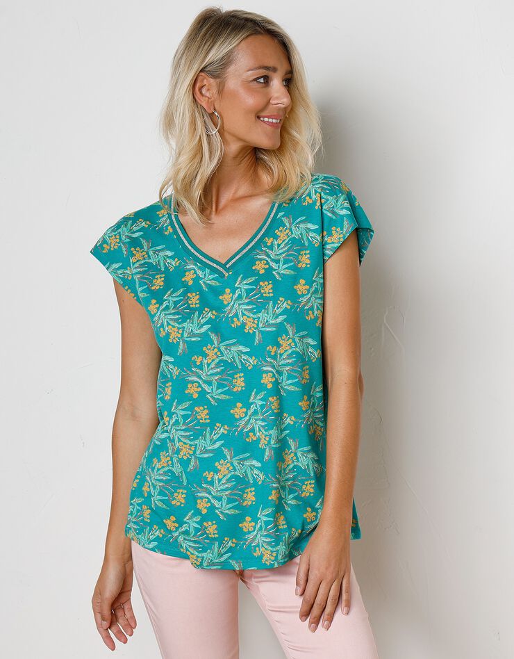 Tee-shirt épaules tombantes imprimé tropical (vert / safran)