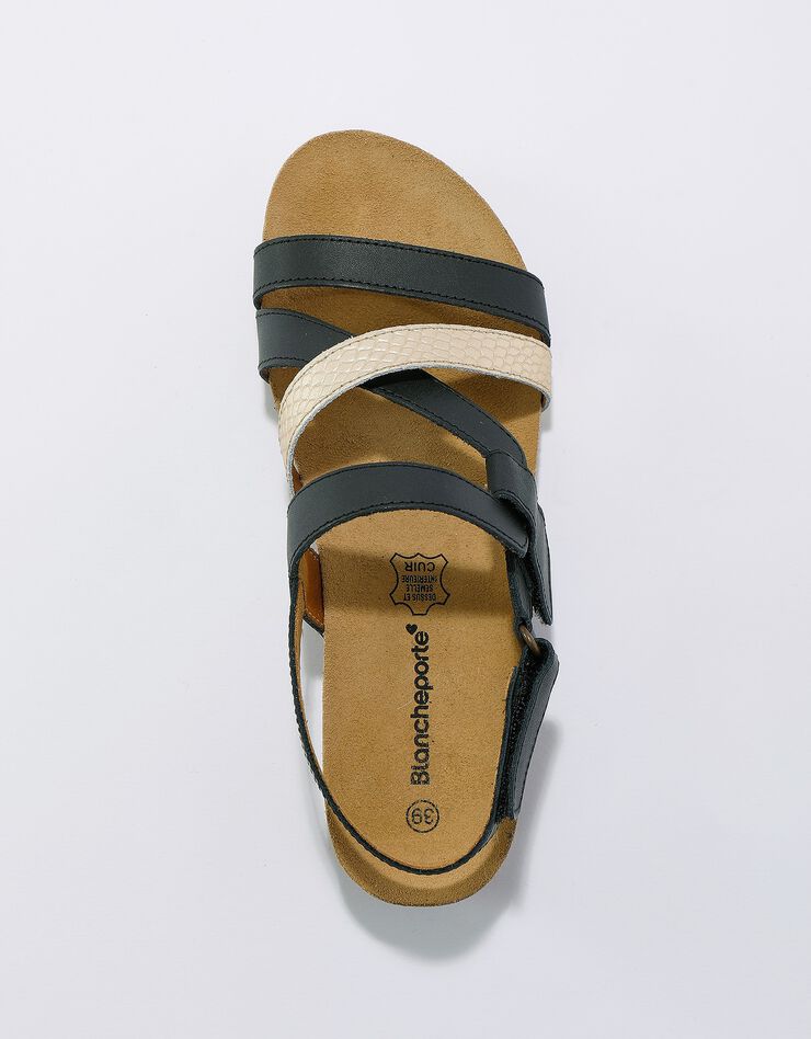Sandales cuir scratchées compensées effet bois à semelle liège (noir)