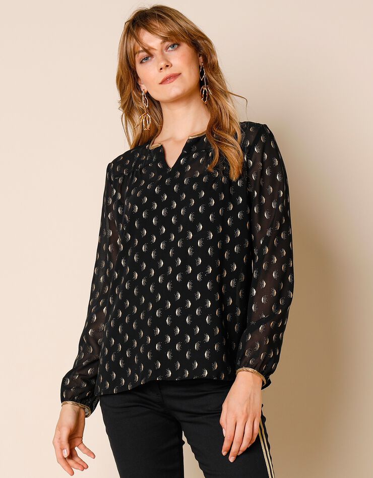 Blouse en voile à motif doré (noir / doré) Blouse en voile à motif doré (noir / doré)