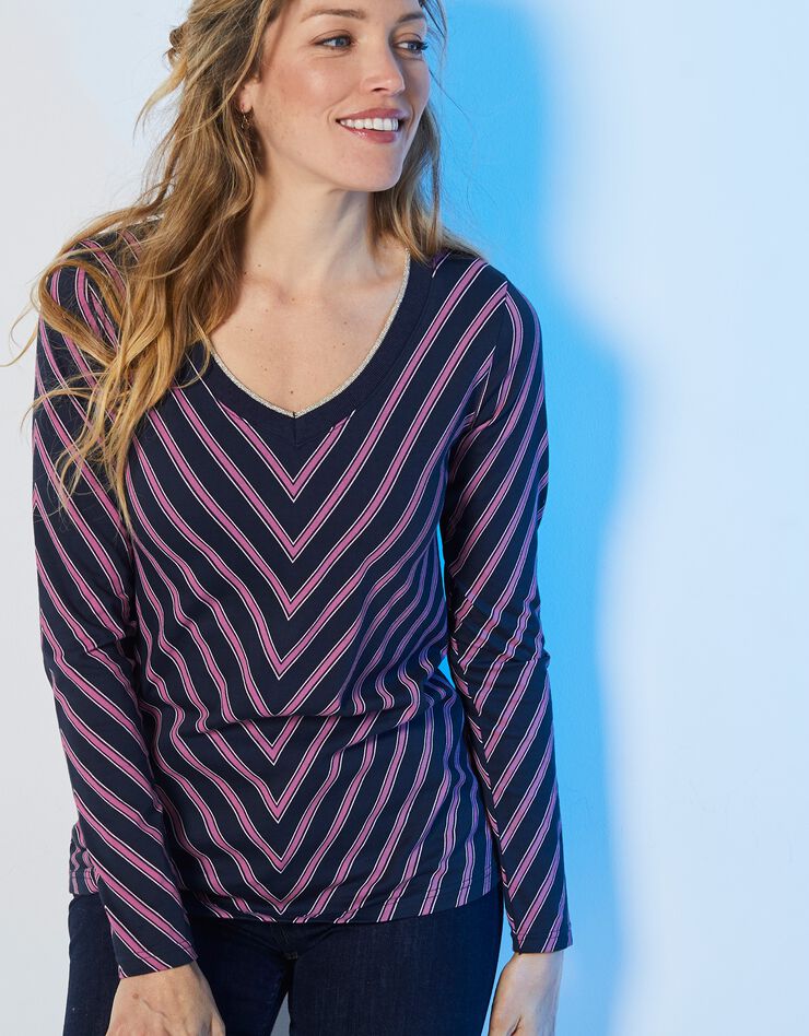 Tee-shirt col V fantaisie rayé (marine / violine) Tee-shirt col V fantaisie rayé (marine / violine)