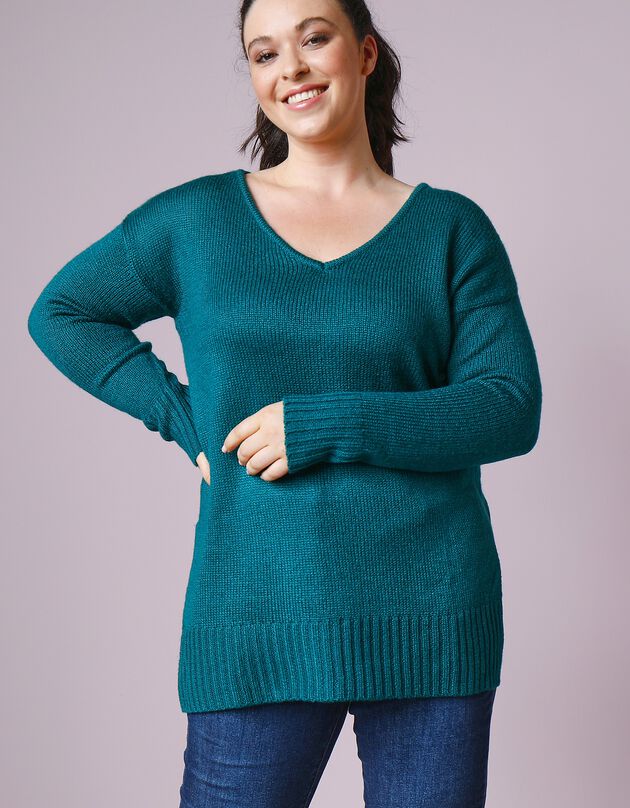 Pull tunique col V toucher mohair (vert sapin)