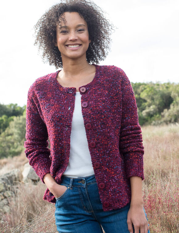 Gilet boutonné maille bouclette (prune)