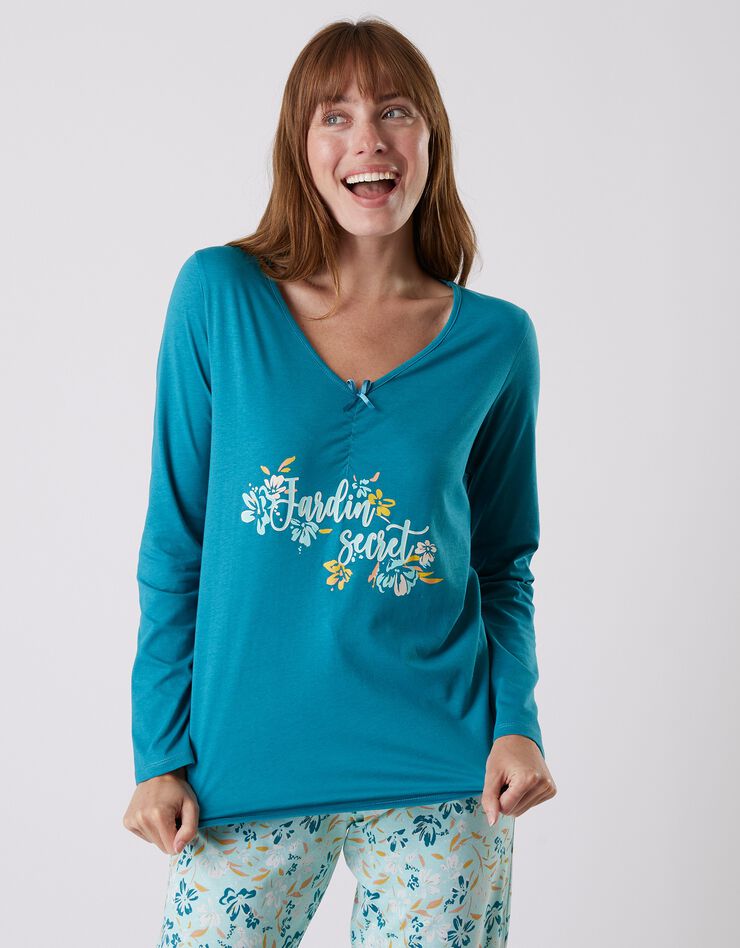 Tee-shirt pyjama manches longues imprimé placé "jardin secret" (émeraude)
