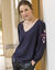 T-shirt brodé col V, manches 3/4 (indigo)