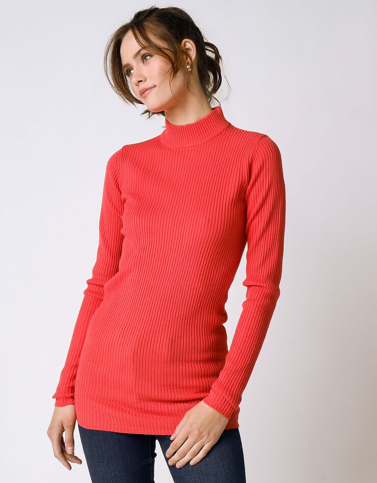 Pull col montant long, maille côtelée (corail foncé) Pull col montant long, maille côtelée (corail foncé)
