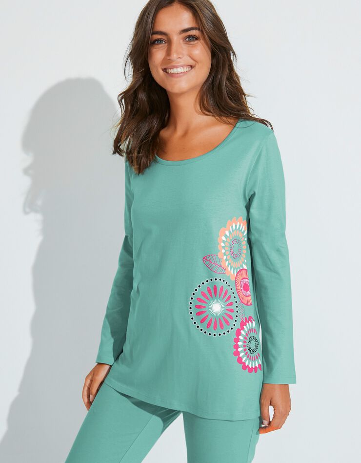 Pyjama manches longues imprimé rosaces - coton (lagon) Pyjama manches longues imprimé rosaces - coton (lagon)