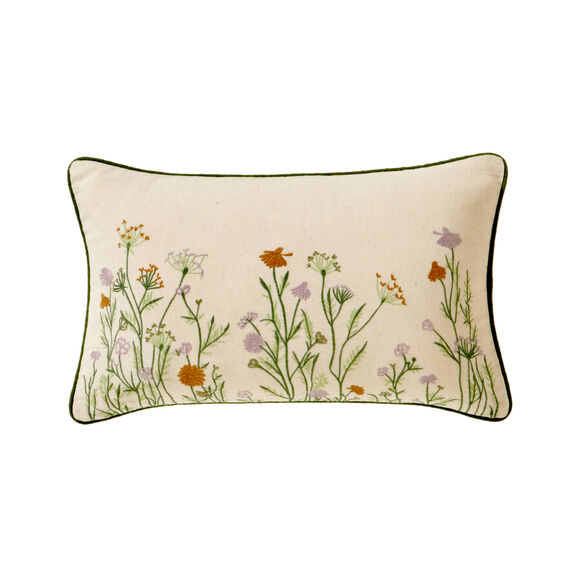 Coussin rectangulaire coton lin broderie fleurie (vert / parme)